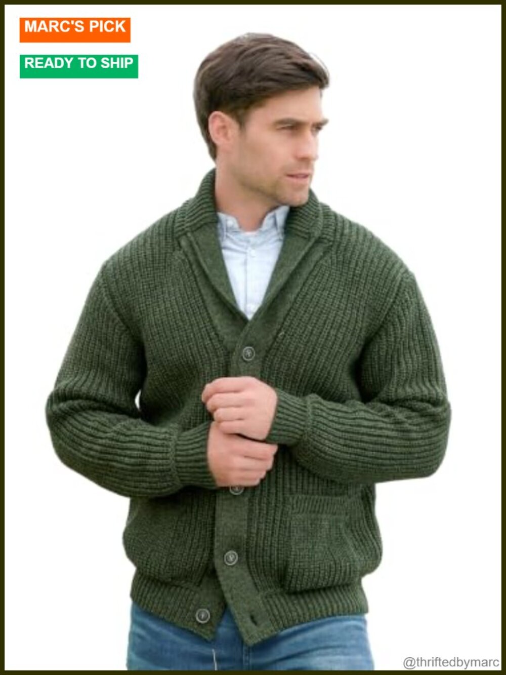 Merino Wool Cable Knit Ribbed Shawl Cardigan Button Patch Pockets